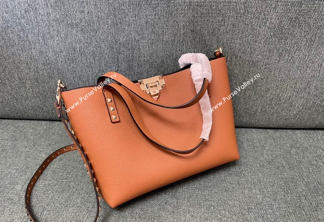 Valentino Rockstud Grainy Calfskin Small Tote Bag with Contrasting Lining Brown/Black 2024 0001 (JD-240313049)