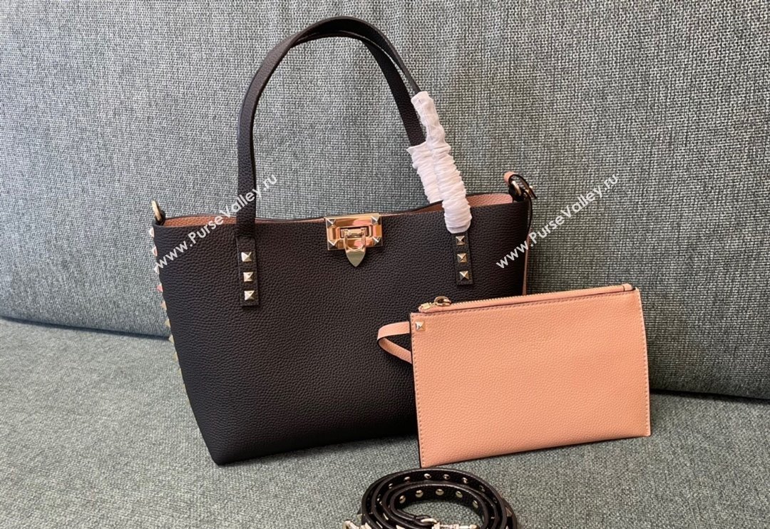 Valentino Rockstud Grainy Calfskin Small Tote Bag with Contrasting Lining Black/Apricot 2024 0001 (JD-240313050)