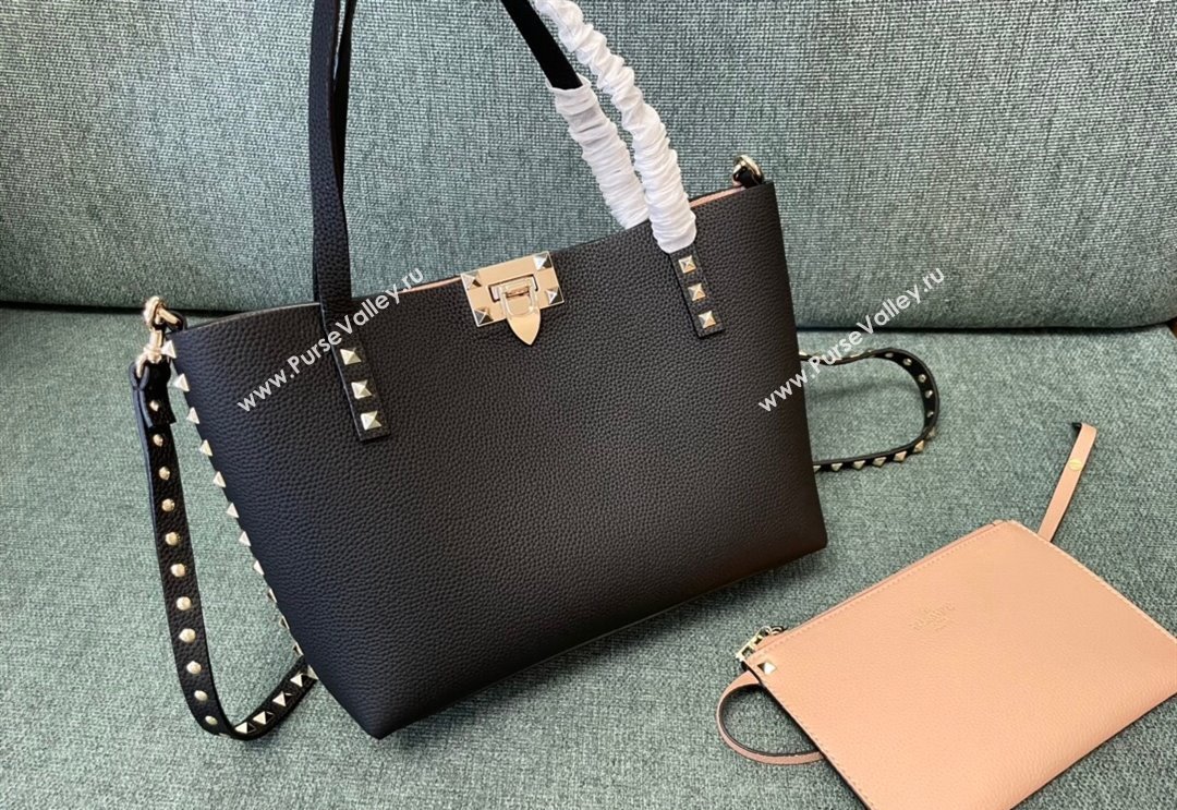 Valentino Rockstud Grainy Calfskin Small Tote Bag with Contrasting Lining Black/Apricot 2024 0001 (JD-240313050)