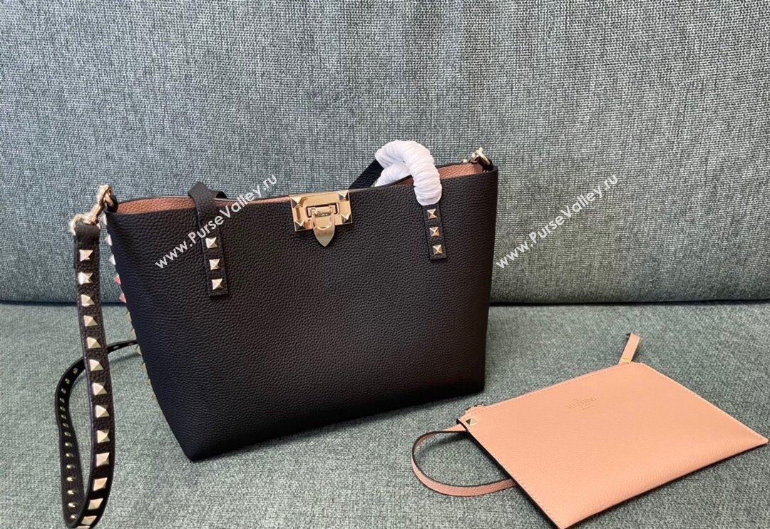 Valentino Rockstud Grainy Calfskin Small Tote Bag with Contrasting Lining Black/Apricot 2024 0001 (JD-240313050)