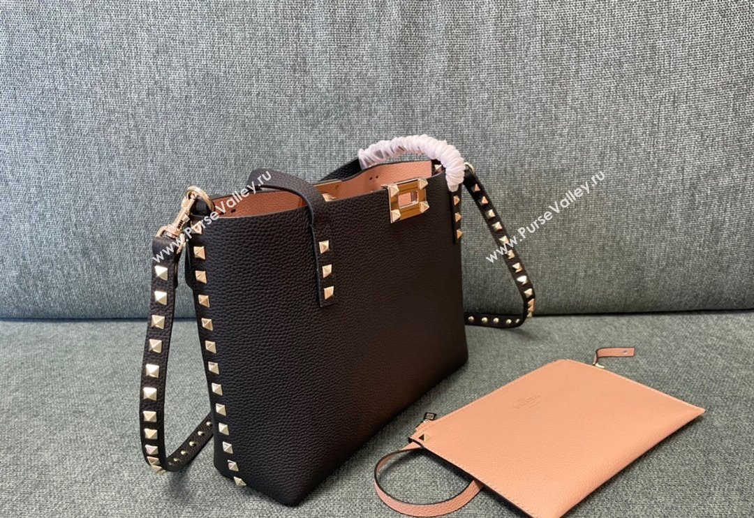 Valentino Rockstud Grainy Calfskin Small Tote Bag with Contrasting Lining Black/Apricot 2024 0001 (JD-240313050)