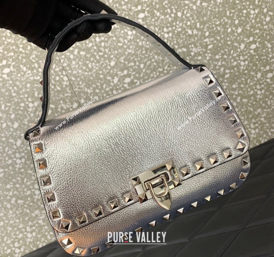 Valentino Rockstud Grainy Calfskin Mini Top Handle Bag Silver 2024 0345 (LN-240313017)