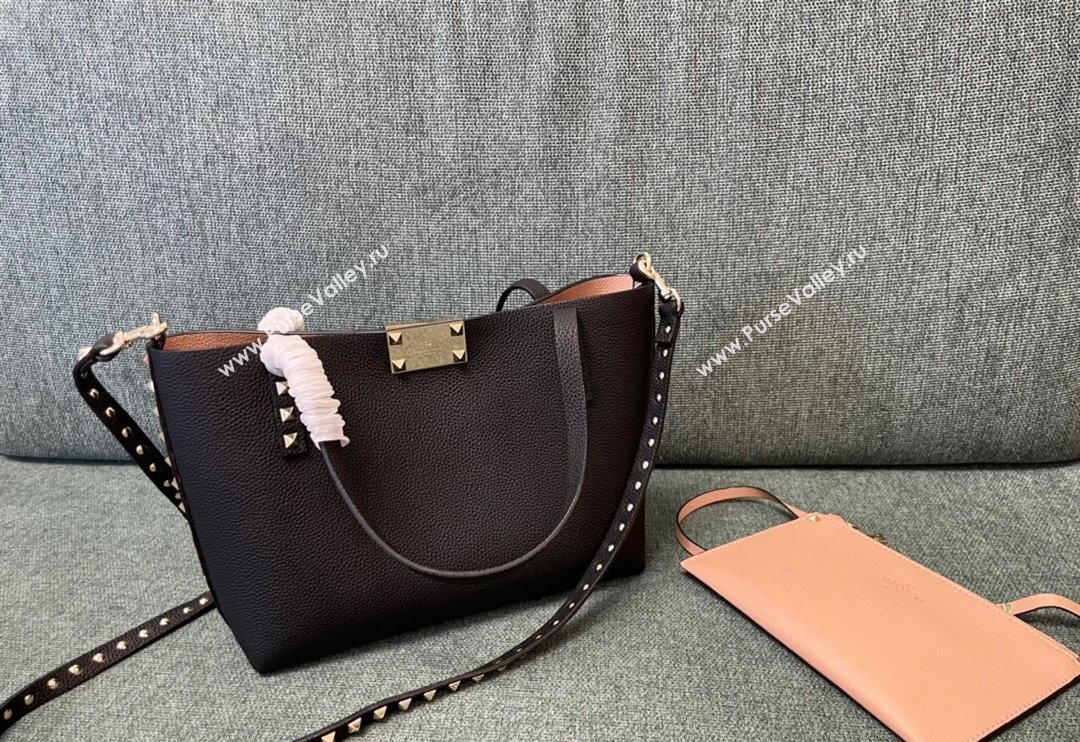Valentino Rockstud Grainy Calfskin Small Tote Bag with Contrasting Lining Black/Apricot 2024 0001 (JD-240313050)