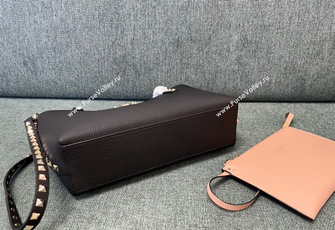 Valentino Rockstud Grainy Calfskin Small Tote Bag with Contrasting Lining Black/Apricot 2024 0001 (JD-240313050)