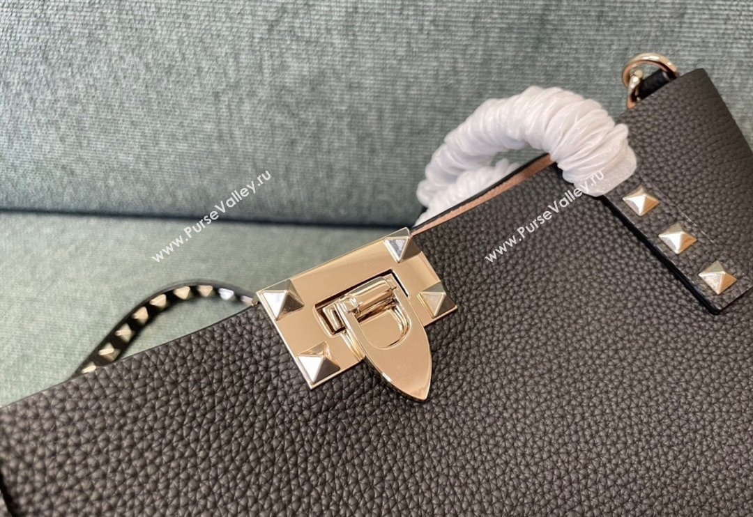 Valentino Rockstud Grainy Calfskin Small Tote Bag with Contrasting Lining Black/Apricot 2024 0001 (JD-240313050)