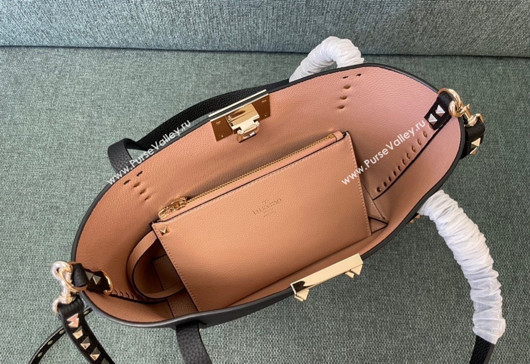 Valentino Rockstud Grainy Calfskin Small Tote Bag with Contrasting Lining Black/Apricot 2024 0001 (JD-240313050)