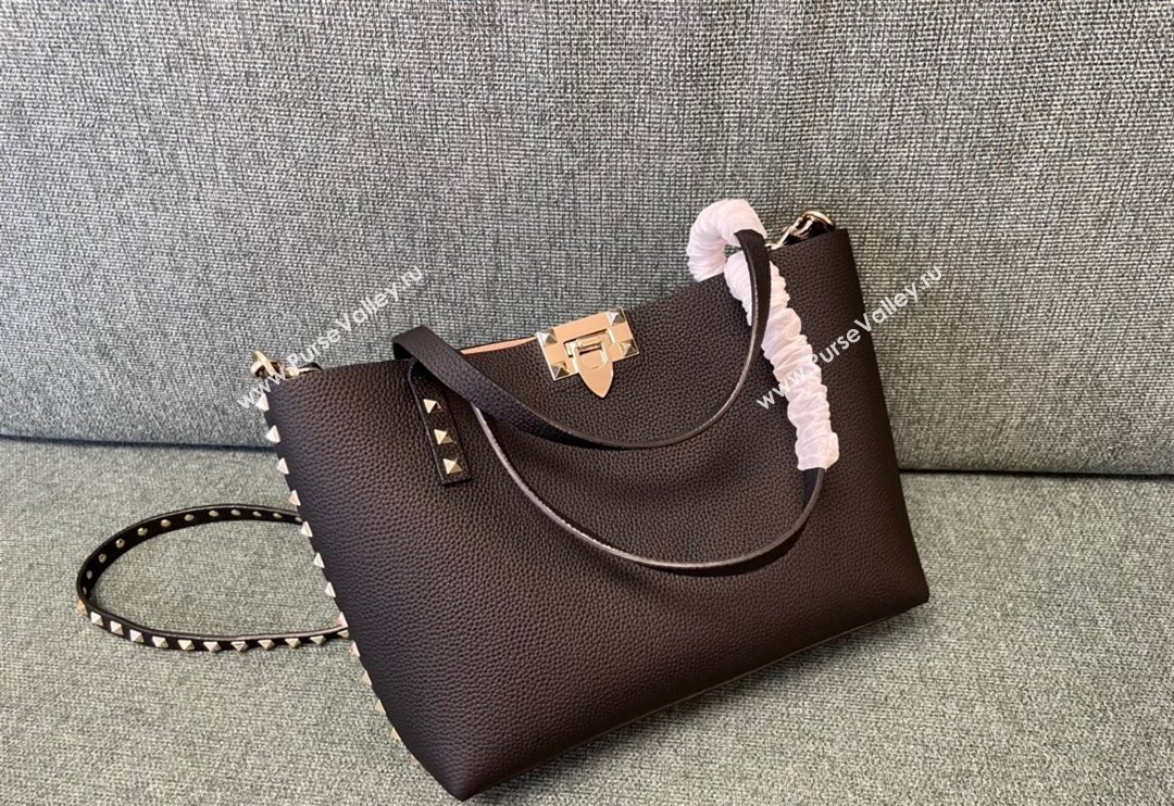 Valentino Rockstud Grainy Calfskin Small Tote Bag with Contrasting Lining Black/Apricot 2024 0001 (JD-240313050)