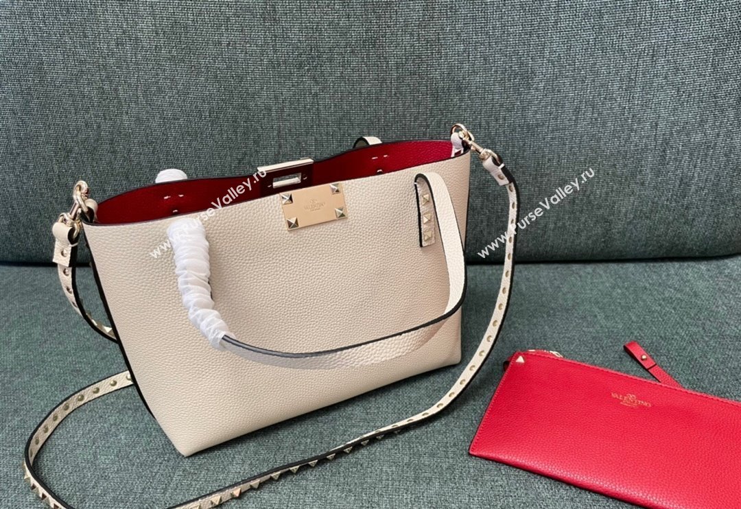 Valentino Rockstud Grainy Calfskin Small Tote Bag with Contrasting Lining White/Red 2024 0001 (JD-240313051)