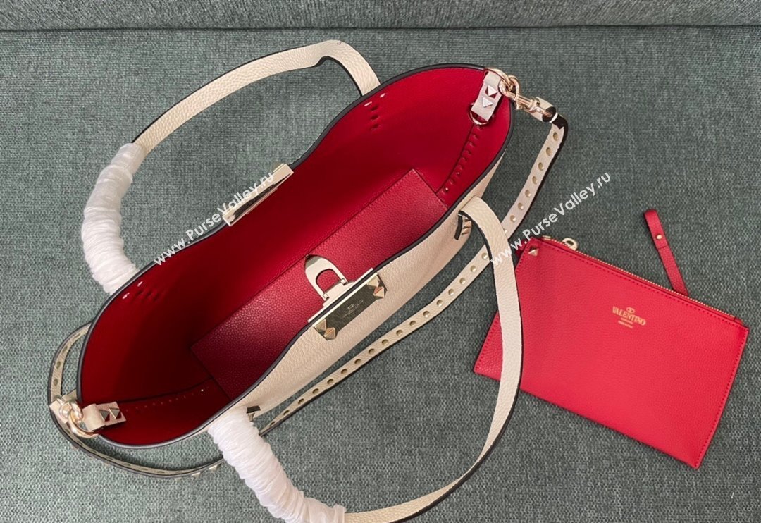 Valentino Rockstud Grainy Calfskin Small Tote Bag with Contrasting Lining White/Red 2024 0001 (JD-240313051)