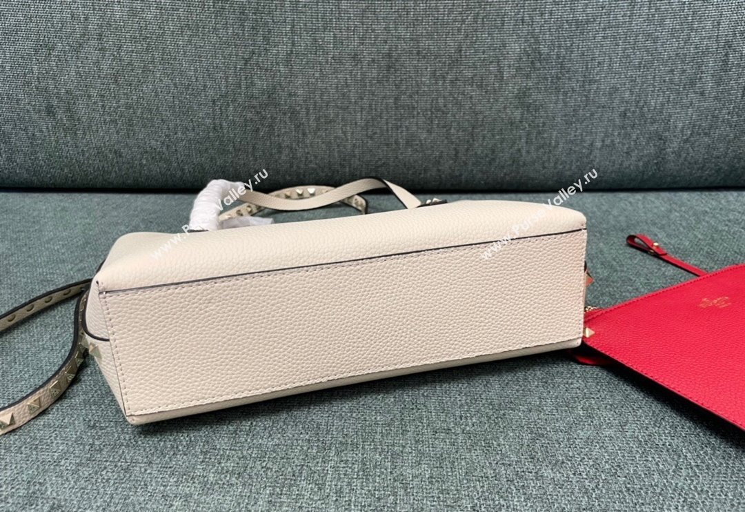 Valentino Rockstud Grainy Calfskin Small Tote Bag with Contrasting Lining White/Red 2024 0001 (JD-240313051)