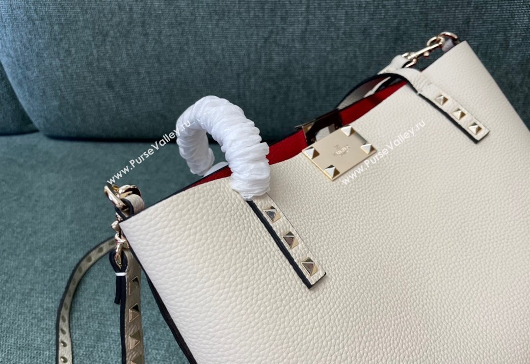 Valentino Rockstud Grainy Calfskin Small Tote Bag with Contrasting Lining White/Red 2024 0001 (JD-240313051)