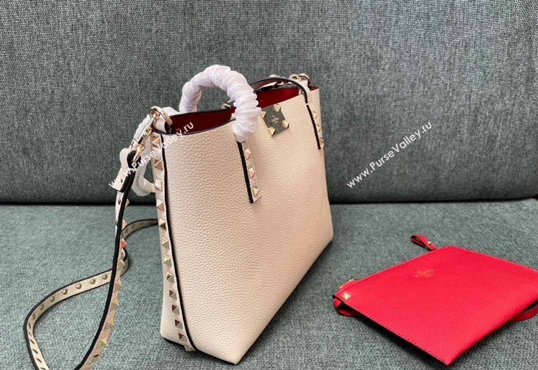 Valentino Rockstud Grainy Calfskin Small Tote Bag with Contrasting Lining White/Red 2024 0001 (JD-240313051)