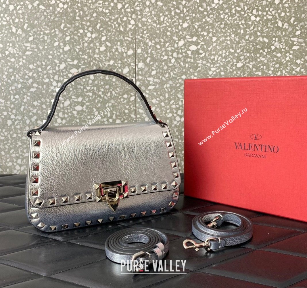 Valentino Rockstud Grainy Calfskin Mini Top Handle Bag Silver 2024 0345 (LN-240313017)