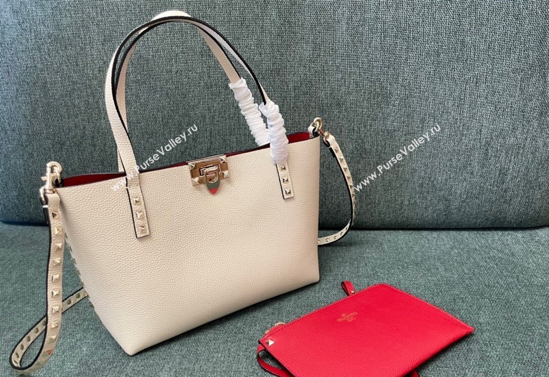 Valentino Rockstud Grainy Calfskin Small Tote Bag with Contrasting Lining White/Red 2024 0001 (JD-240313051)