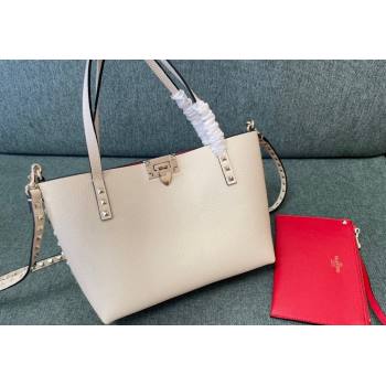Valentino Rockstud Grainy Calfskin Small Tote Bag with Contrasting Lining White/Red 2024 0001 (JD-240313051)