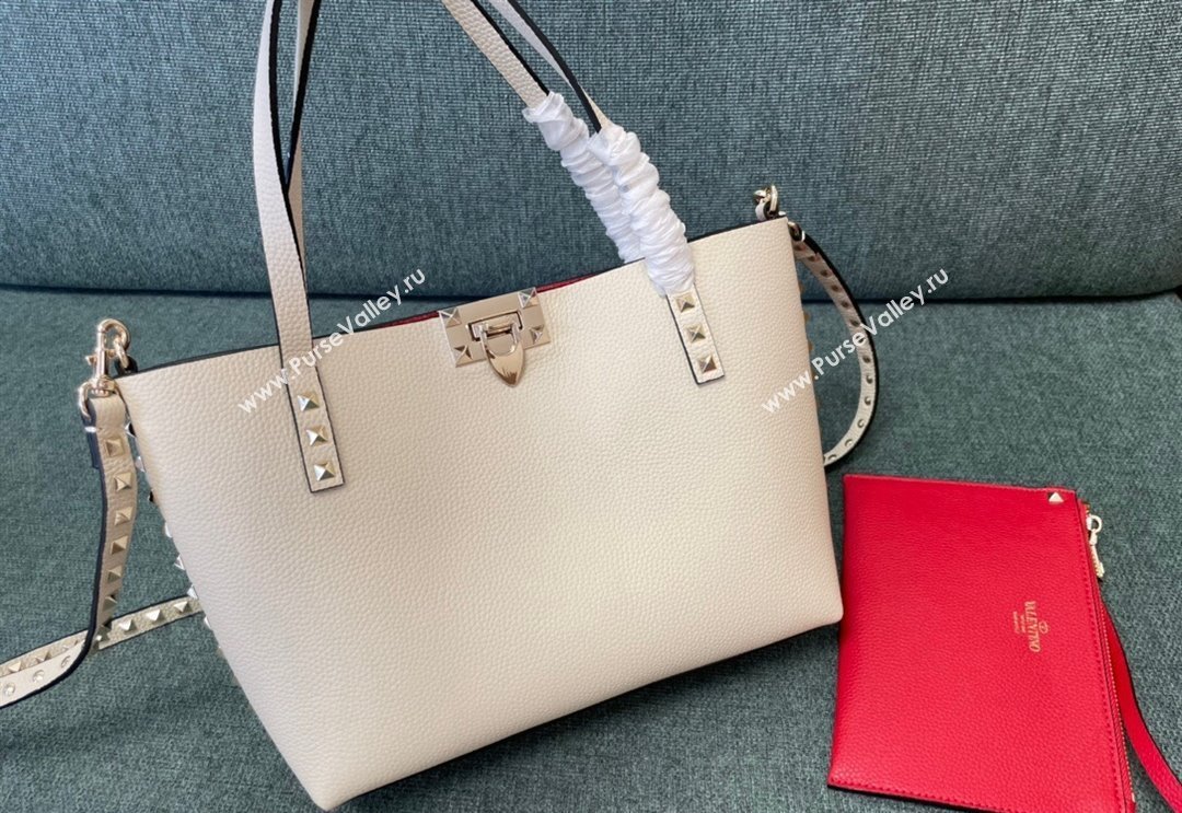Valentino Rockstud Grainy Calfskin Small Tote Bag with Contrasting Lining White/Red 2024 0001 (JD-240313051)
