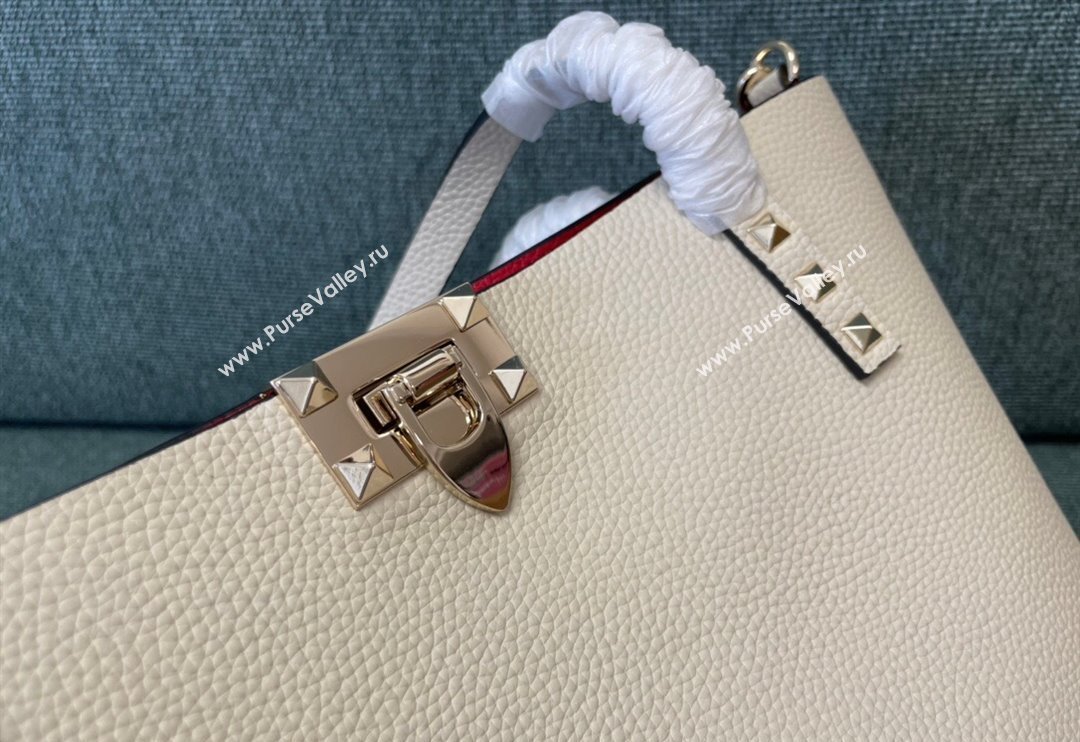Valentino Rockstud Grainy Calfskin Small Tote Bag with Contrasting Lining White/Red 2024 0001 (JD-240313051)