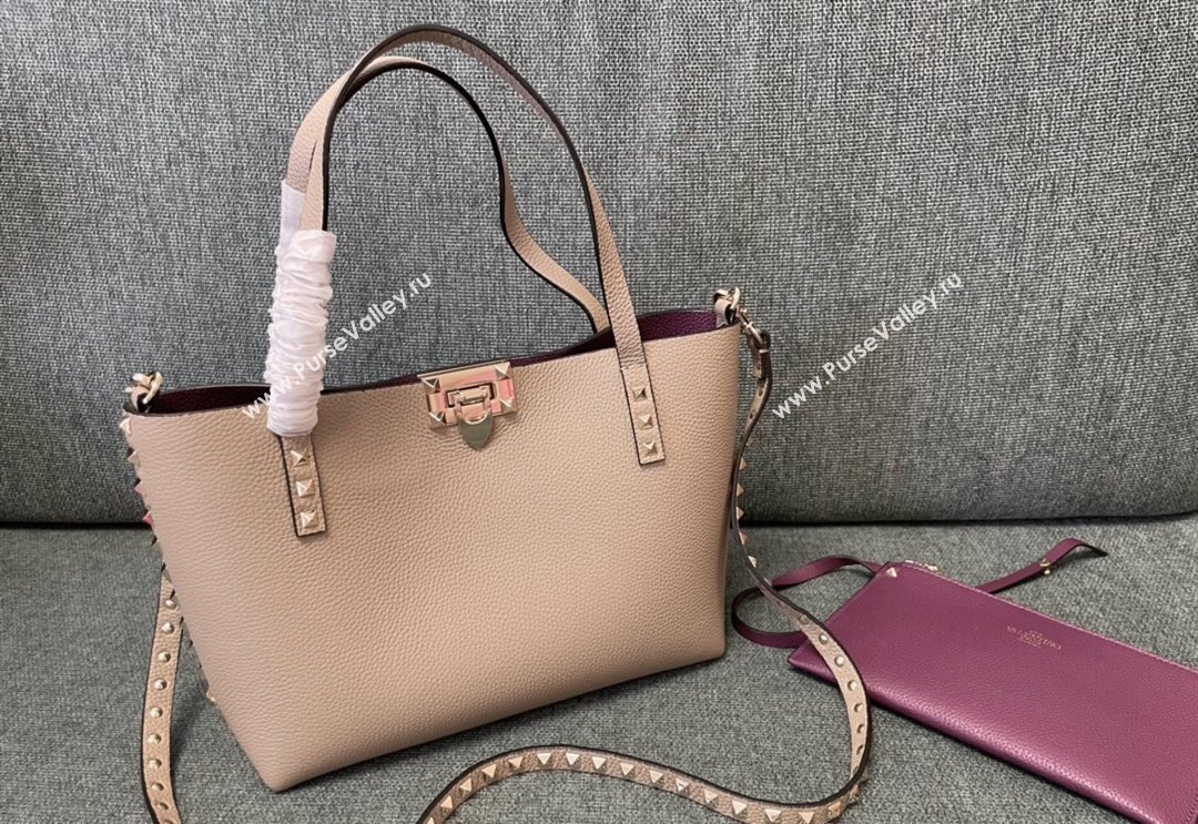 Valentino Rockstud Grainy Calfskin Small Tote Bag with Contrasting Lining Grey/Purple 2024 0001 (JD-240313052)