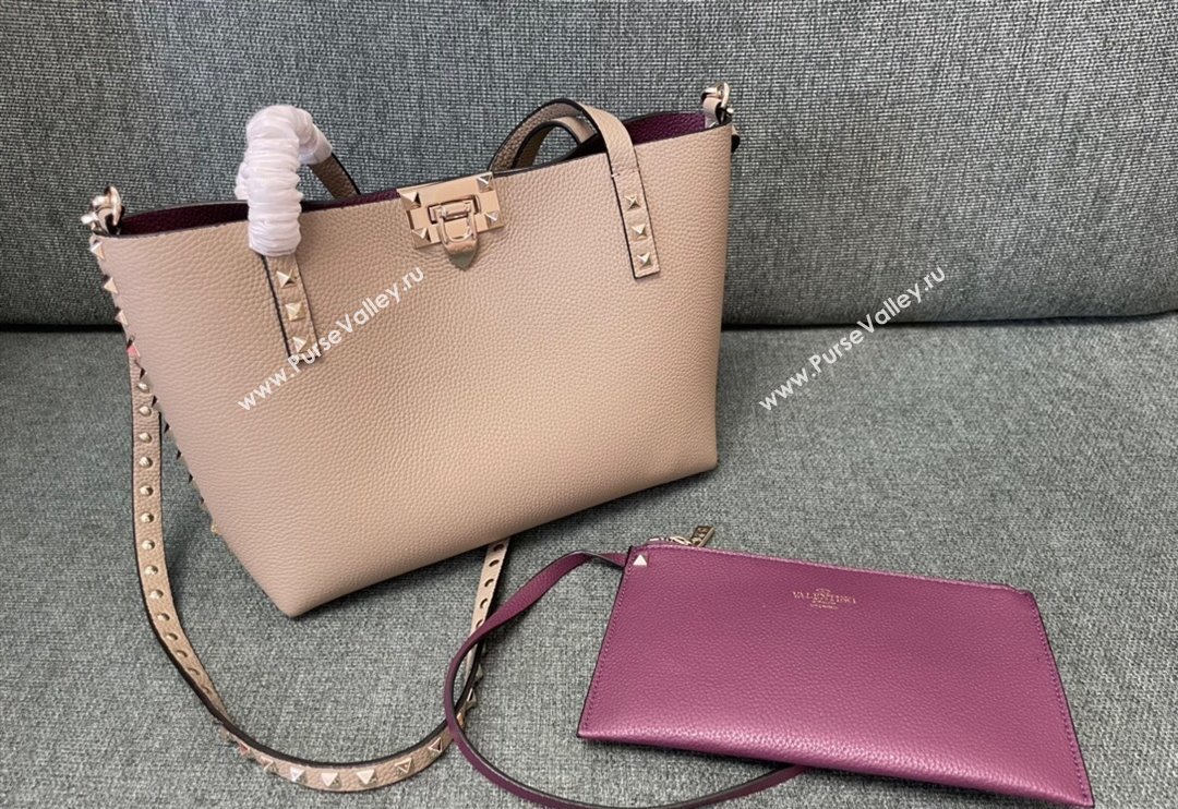 Valentino Rockstud Grainy Calfskin Small Tote Bag with Contrasting Lining Grey/Purple 2024 0001 (JD-240313052)