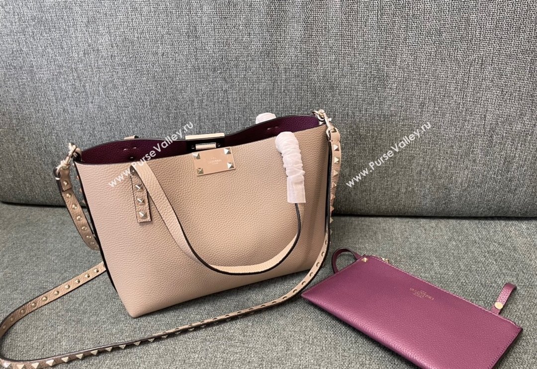 Valentino Rockstud Grainy Calfskin Small Tote Bag with Contrasting Lining Grey/Purple 2024 0001 (JD-240313052)