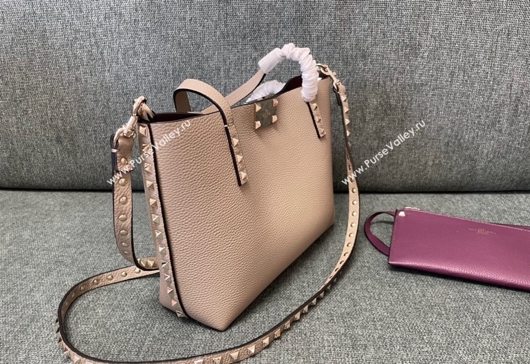 Valentino Rockstud Grainy Calfskin Small Tote Bag with Contrasting Lining Grey/Purple 2024 0001 (JD-240313052)