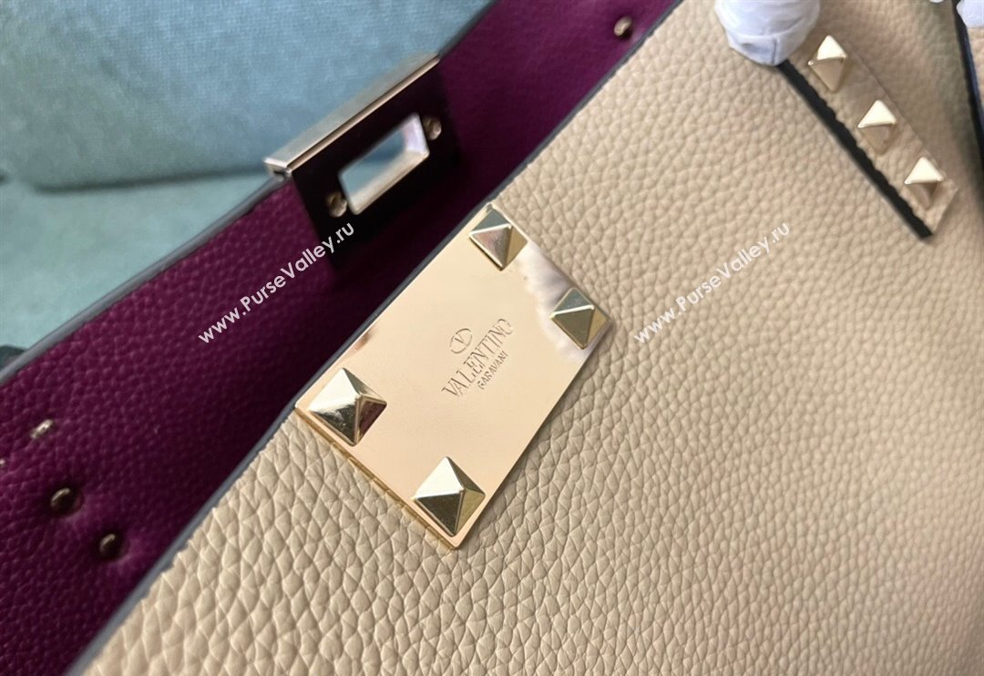 Valentino Rockstud Grainy Calfskin Small Tote Bag with Contrasting Lining Grey/Purple 2024 0001 (JD-240313052)