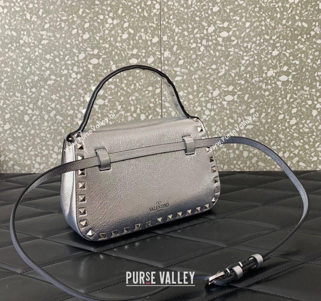 Valentino Rockstud Grainy Calfskin Mini Top Handle Bag Silver 2024 0345 (LN-240313017)