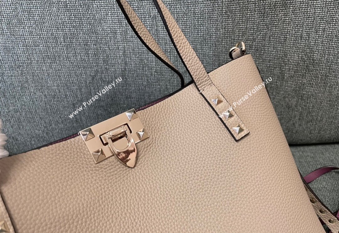 Valentino Rockstud Grainy Calfskin Small Tote Bag with Contrasting Lining Grey/Purple 2024 0001 (JD-240313052)