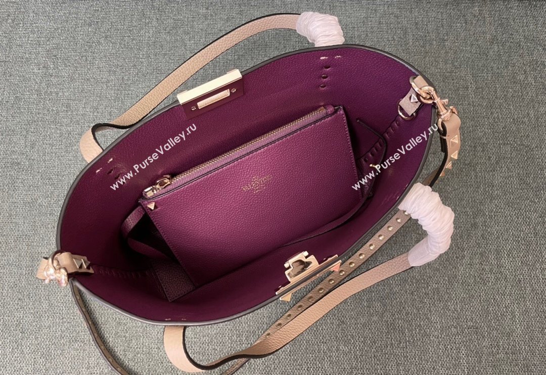 Valentino Rockstud Grainy Calfskin Small Tote Bag with Contrasting Lining Grey/Purple 2024 0001 (JD-240313052)