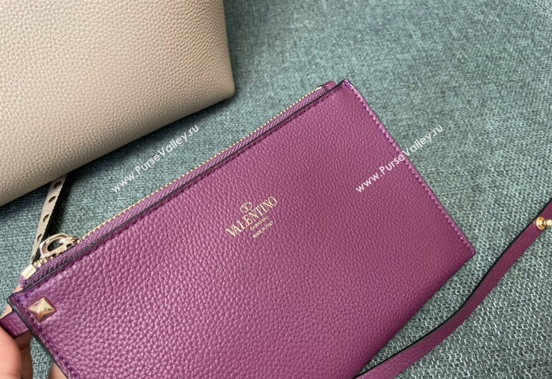 Valentino Rockstud Grainy Calfskin Small Tote Bag with Contrasting Lining Grey/Purple 2024 0001 (JD-240313052)