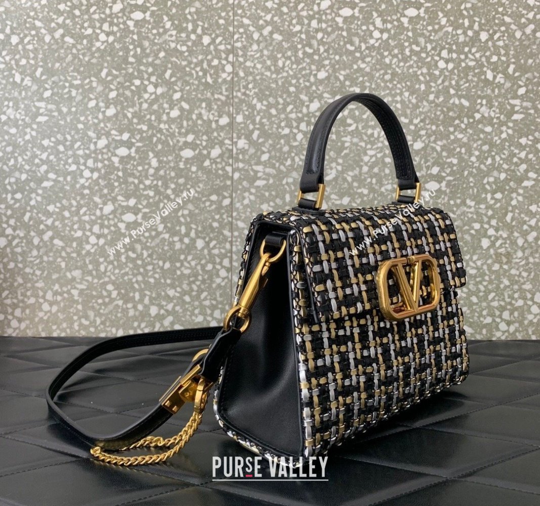 Valentino Small VSling Handbag in Woven Leather 0067 Black/Silver/Gold 2024 (LN-240313014)