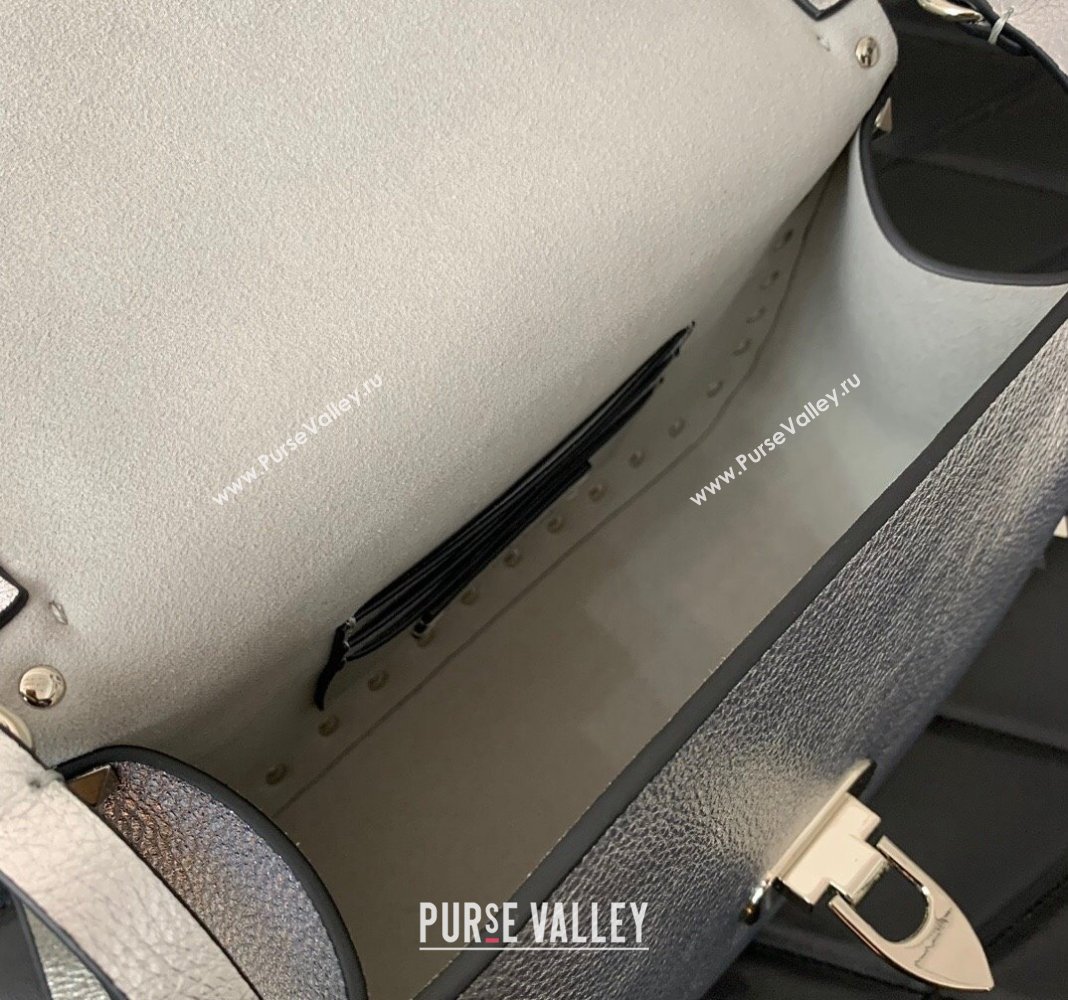 Valentino Rockstud Grainy Calfskin Mini Top Handle Bag Silver 2024 0345 (LN-240313017)
