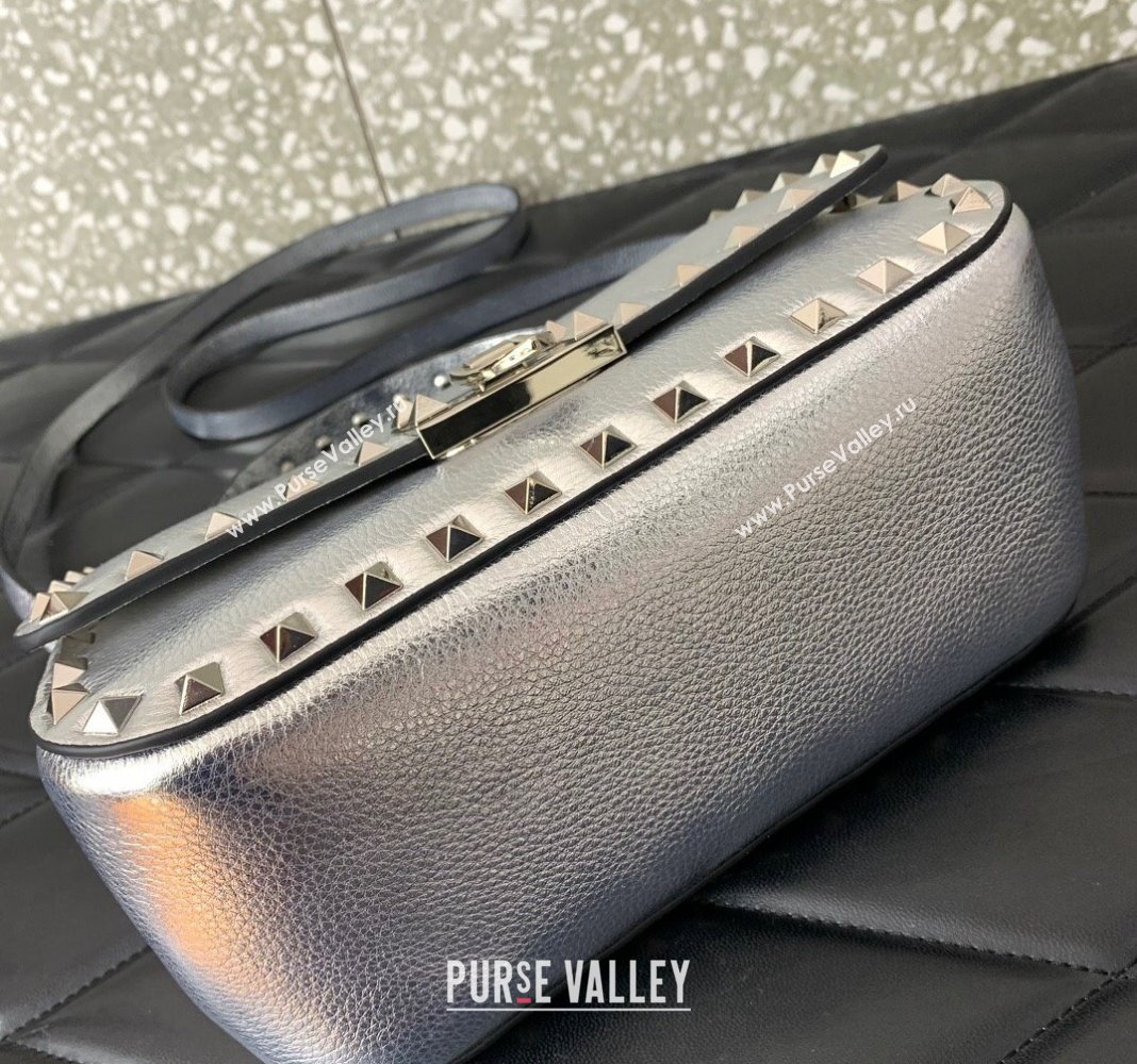 Valentino Rockstud Grainy Calfskin Mini Top Handle Bag Silver 2024 0345 (LN-240313017)