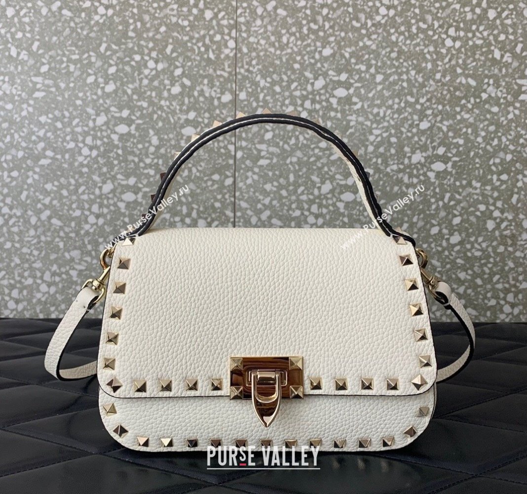 Valentino Rockstud Grainy Calfskin Mini Top Handle Bag White 2024 0345 (LN-240313018)