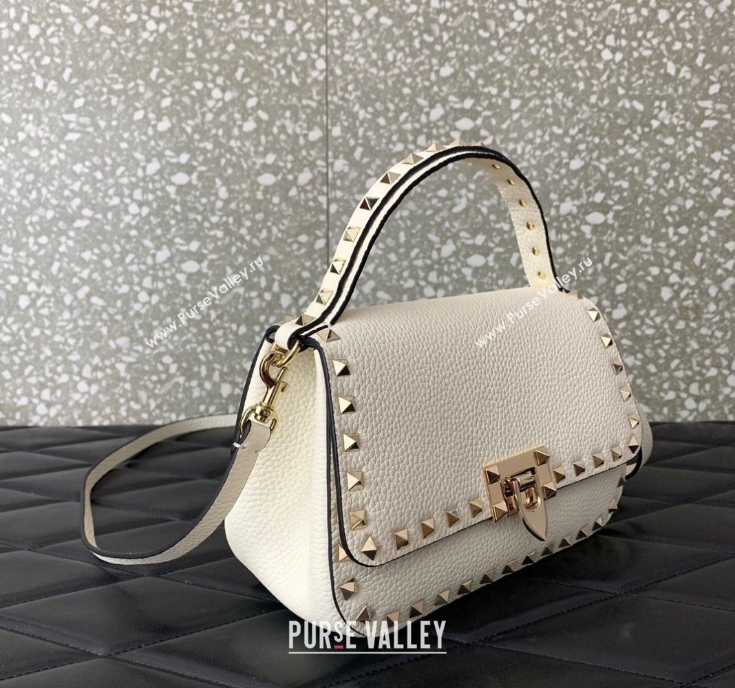 Valentino Rockstud Grainy Calfskin Mini Top Handle Bag White 2024 0345 (LN-240313018)