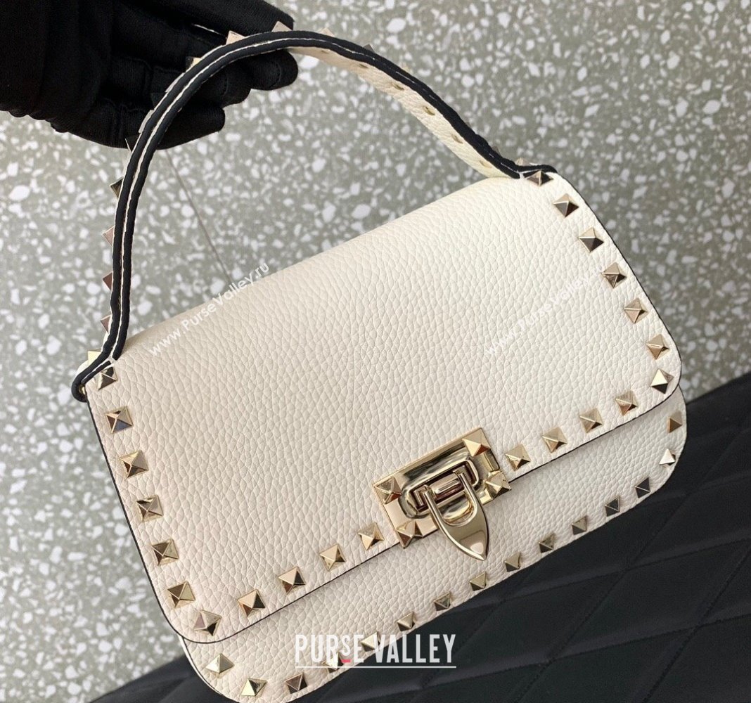 Valentino Rockstud Grainy Calfskin Mini Top Handle Bag White 2024 0345 (LN-240313018)