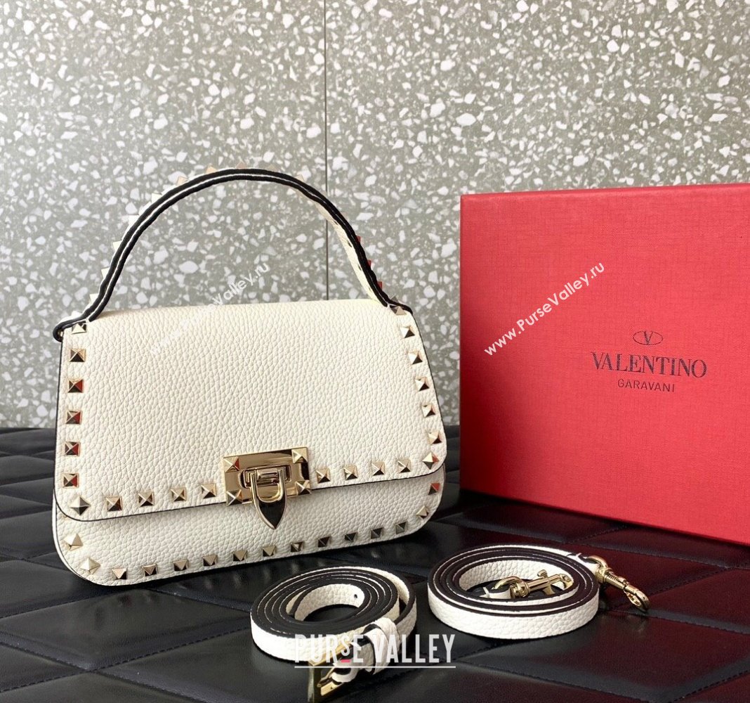 Valentino Rockstud Grainy Calfskin Mini Top Handle Bag White 2024 0345 (LN-240313018)