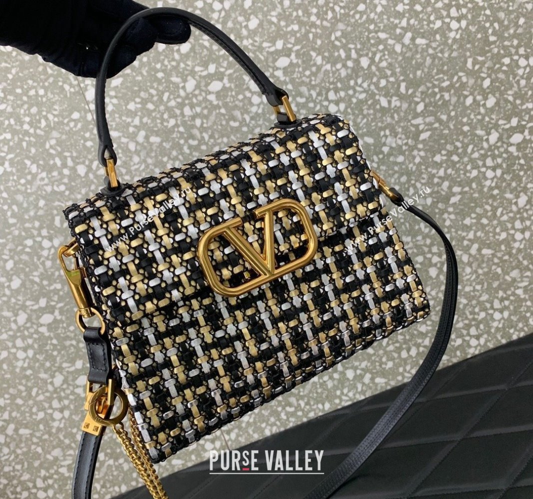 Valentino Small VSling Handbag in Woven Leather 0067 Black/Silver/Gold 2024 (LN-240313014)
