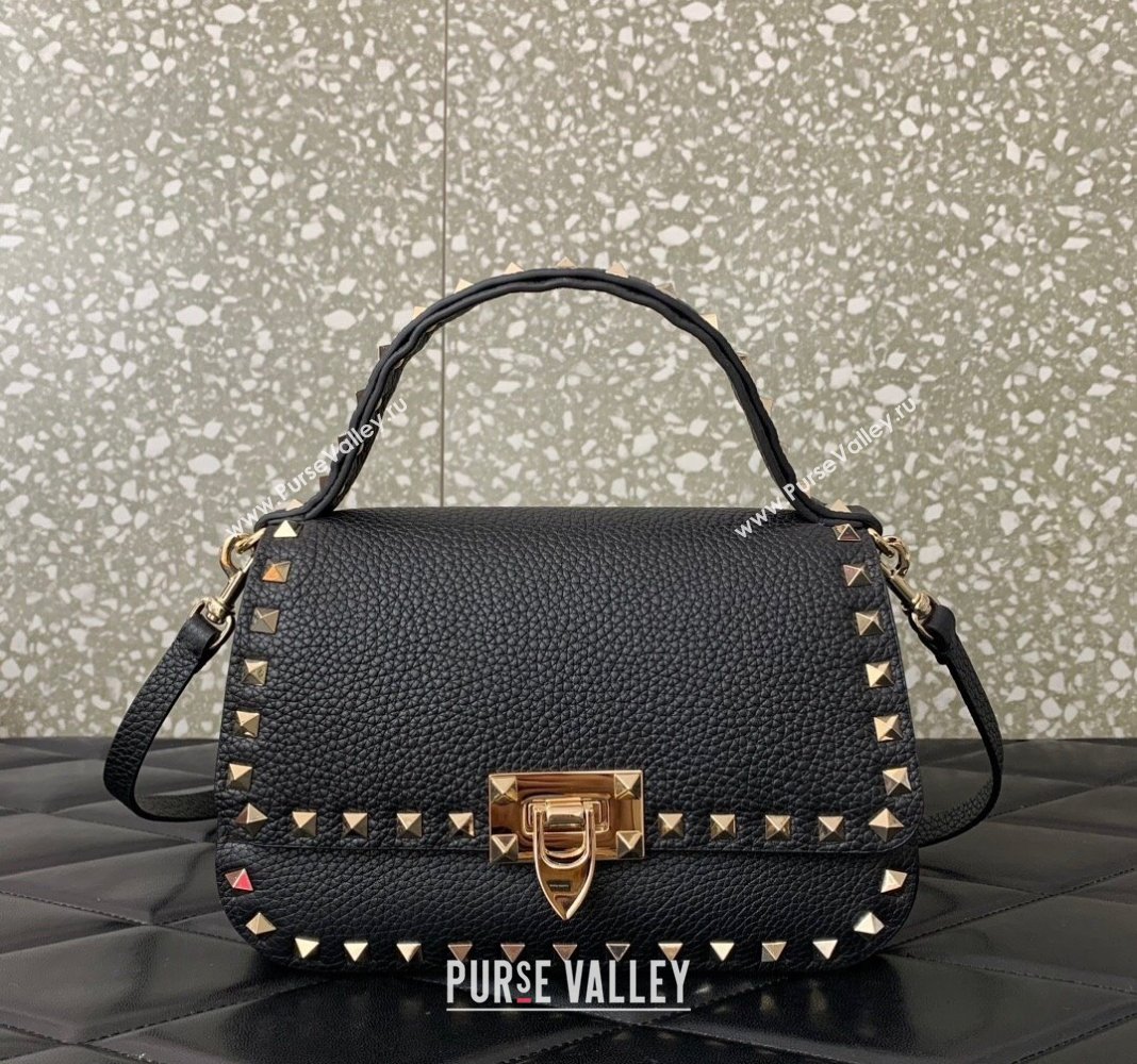 Valentino Rockstud Grainy Calfskin Mini Top Handle Bag Black 2024 0345 (LN-240313019)
