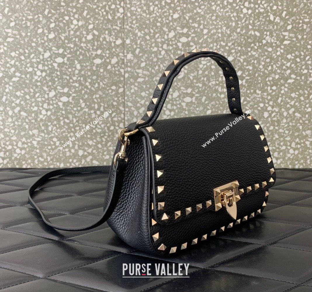 Valentino Rockstud Grainy Calfskin Mini Top Handle Bag Black 2024 0345 (LN-240313019)