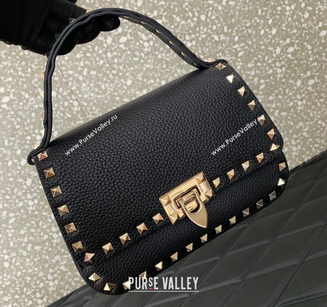 Valentino Rockstud Grainy Calfskin Mini Top Handle Bag Black 2024 0345 (LN-240313019)