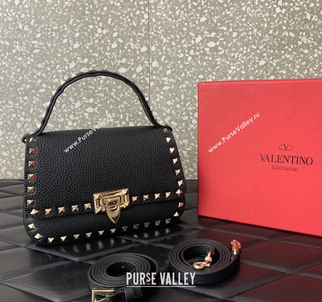 Valentino Rockstud Grainy Calfskin Mini Top Handle Bag Black 2024 0345 (LN-240313019)