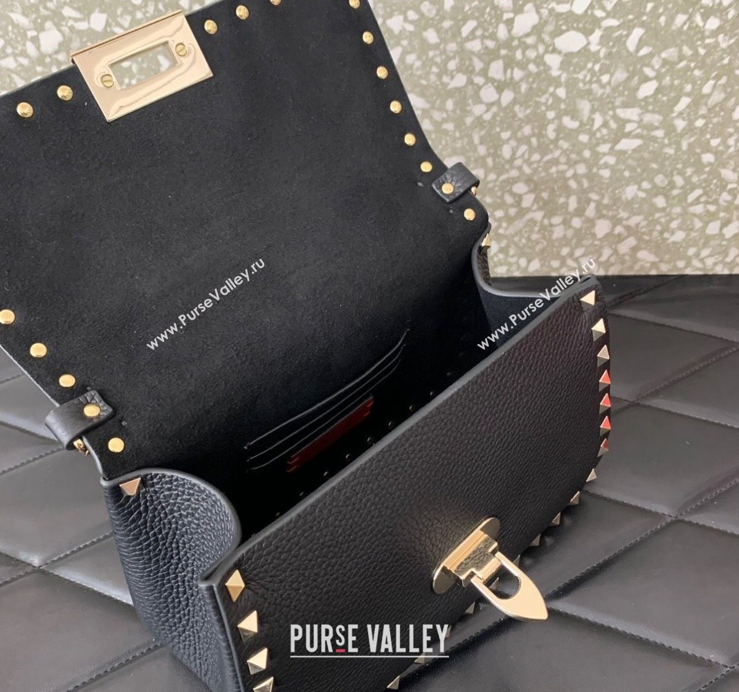 Valentino Rockstud Grainy Calfskin Mini Top Handle Bag Black 2024 0345 (LN-240313019)