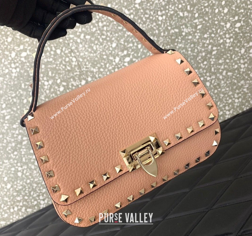 Valentino Rockstud Grainy Calfskin Mini Top Handle Bag Nude 2024 0345 (LN-240313020)