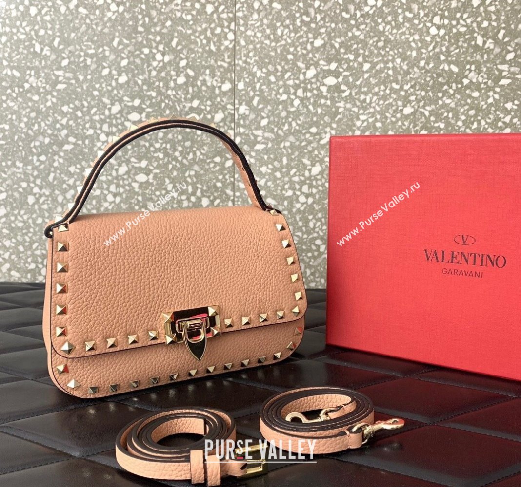 Valentino Rockstud Grainy Calfskin Mini Top Handle Bag Nude 2024 0345 (LN-240313020)
