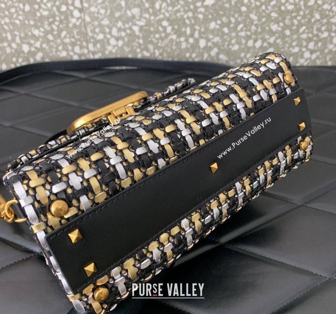 Valentino Small VSling Handbag in Woven Leather 0067 Black/Silver/Gold 2024 (LN-240313014)
