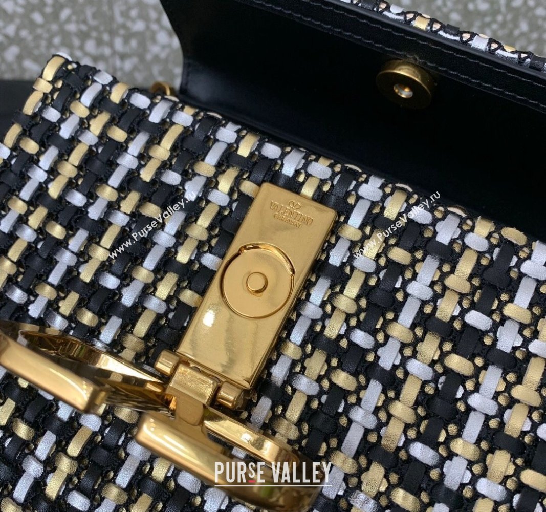 Valentino Small VSling Handbag in Woven Leather 0067 Black/Silver/Gold 2024 (LN-240313014)