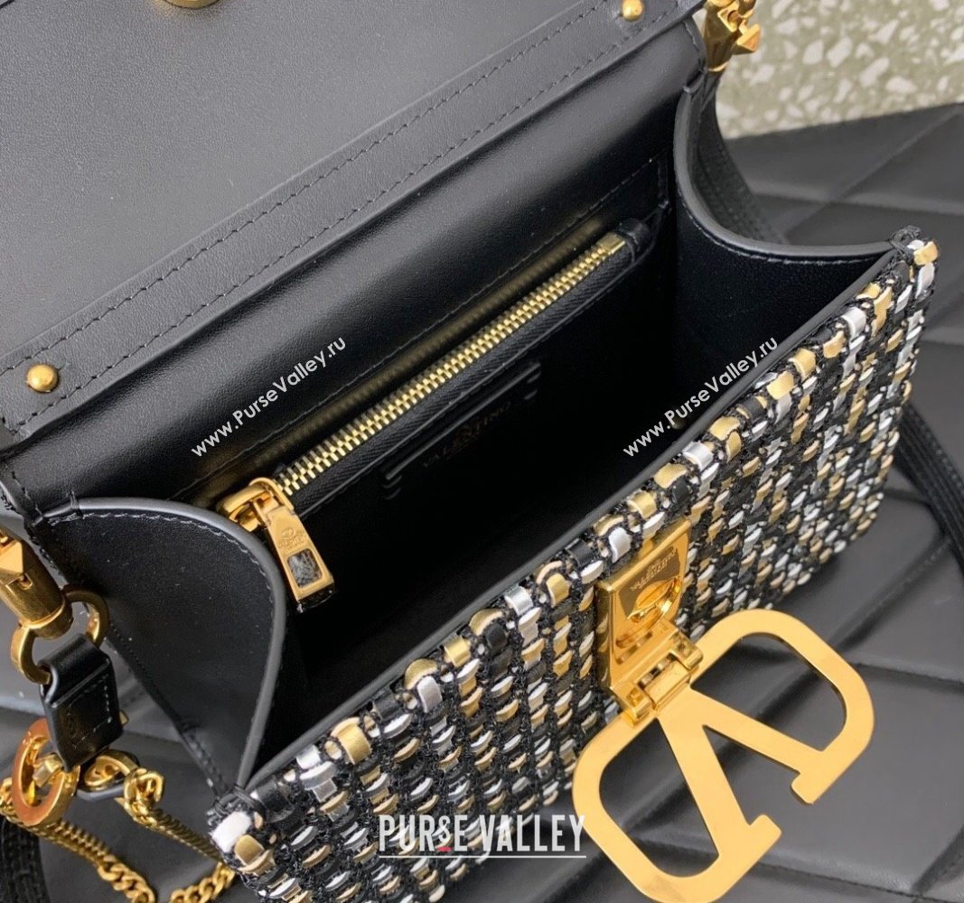 Valentino Small VSling Handbag in Woven Leather 0067 Black/Silver/Gold 2024 (LN-240313014)