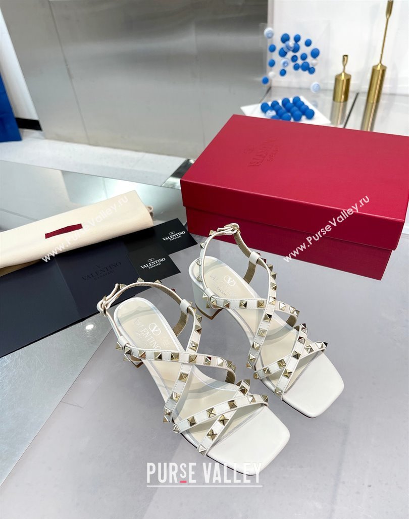 Valentino Rockstud Calf Heel Sandals with Strap White 2024 0328 (XL-240328002)