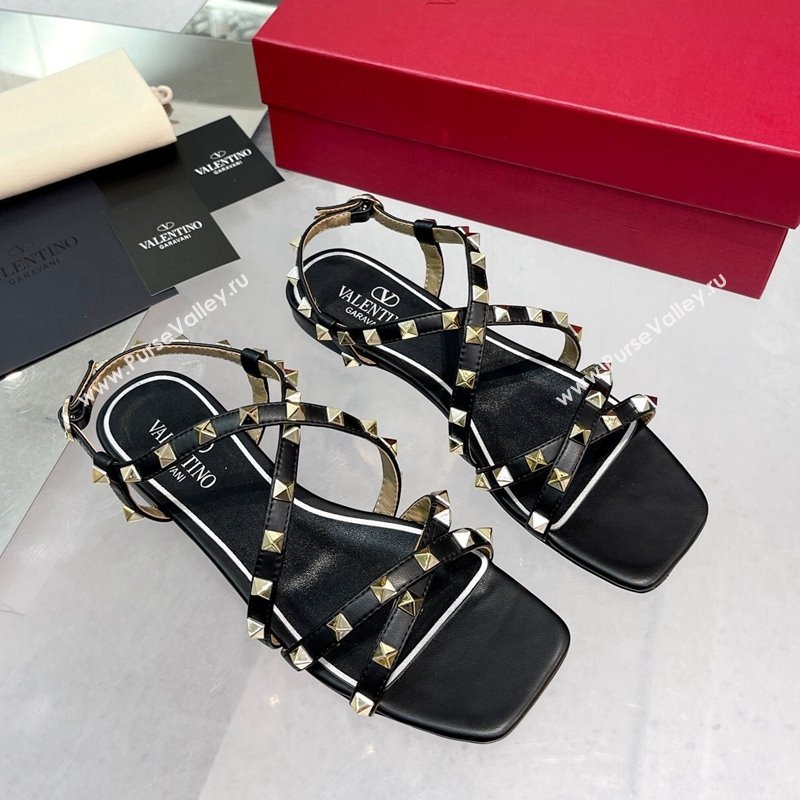 Valentino Rockstud Calfskin Flat Sandals with Strap Black 2024 0328 (XL-240328004)